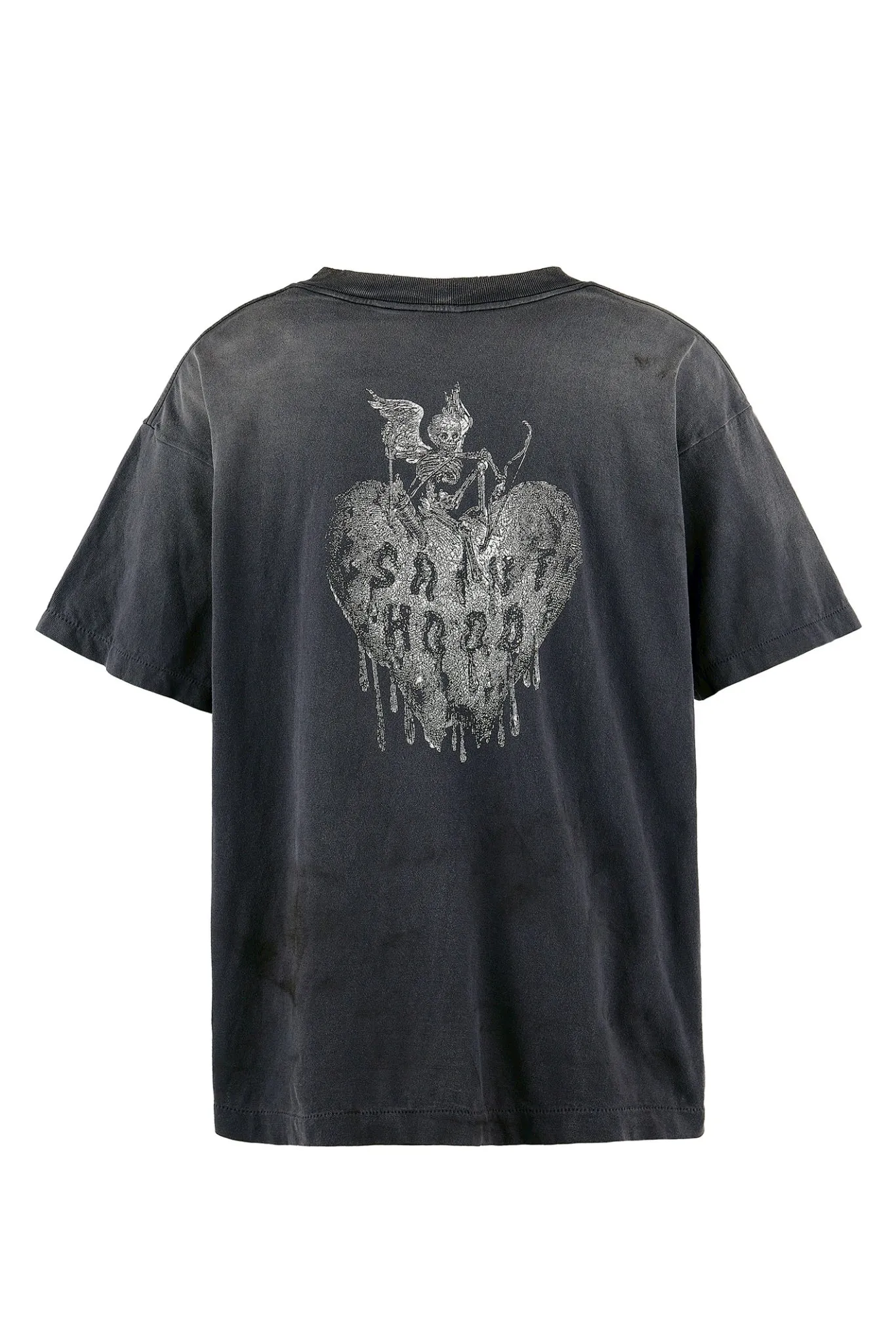 SAINT Mxxxxxx × NEIGHBORHOOD STHD . SS TEE FEARLESS/BLK NBHD Takizawa Shinsuke co-branded whiskey label/love skull angel distressed short sleeves washed black S-XL tube weave without side seam fabric ready-made Assute dyeing custom-woven NBHD co-branded main mark washed mark truly correct version top-level printing process restoration distressed treatment